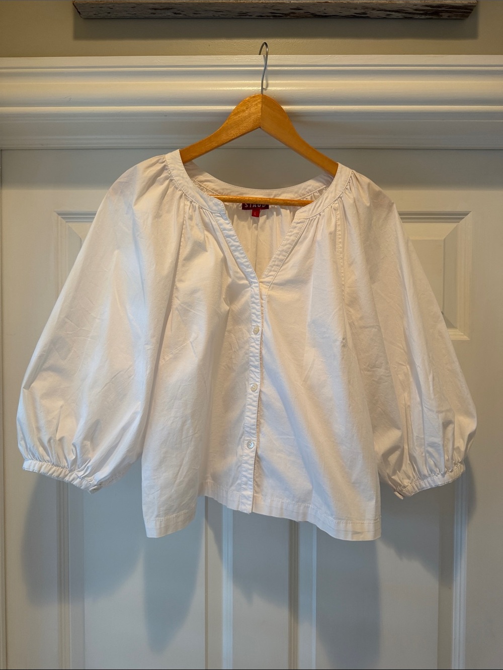 STAUD White Button-Front Puff Sleeve Blouse